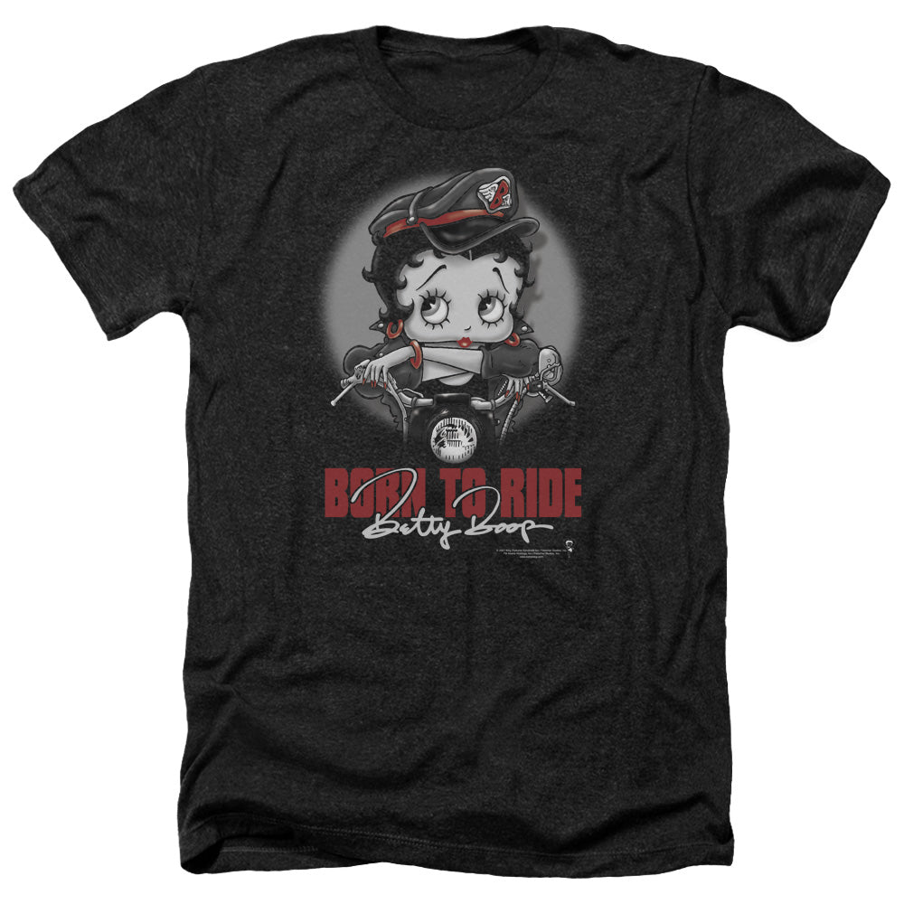 AN OFFCIALLY LICENSED BETTY BOOP BORN TO RIDE MEN'S HEATHER T-SHIRT CHARCOAL