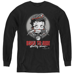 AN OFFCIALLY LICENSED BETTY BOOP BORN TO RIDE YOUTH LONG SLEEVE T-SHIRT BLACK