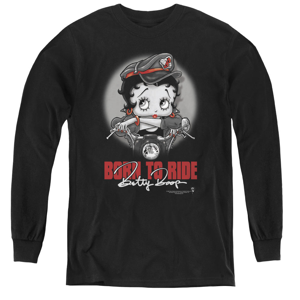 AN OFFCIALLY LICENSED BETTY BOOP BORN TO RIDE YOUTH LONG SLEEVE T-SHIRT BLACK