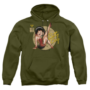 AN OFFCIALLY LICENSED BETTY BOOP NOSE ART ADULT UNISEX PULLOVER HOODIE MILITARY GREEN