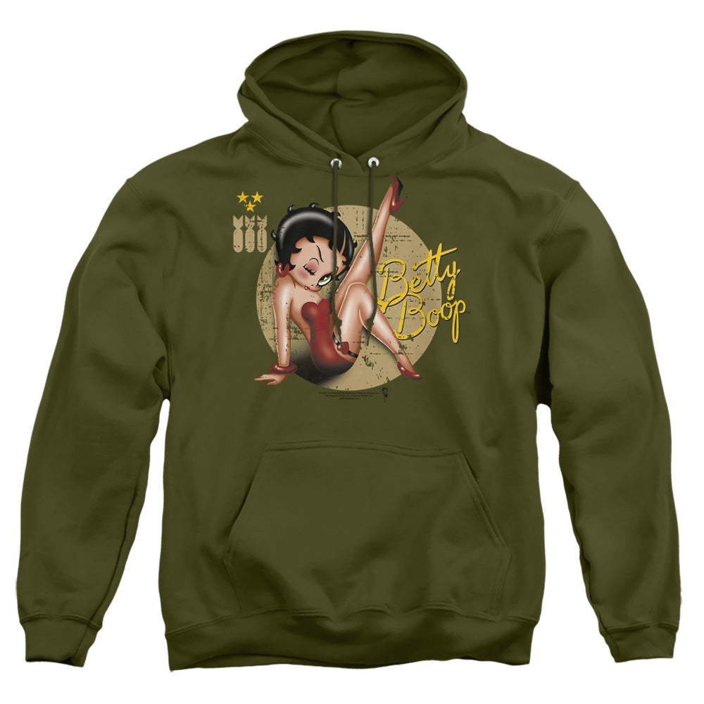AN OFFCIALLY LICENSED BETTY BOOP NOSE ART ADULT UNISEX PULLOVER HOODIE MILITARY GREEN