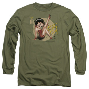 AN OFFCIALLY LICENSED BETTY BOOP NOSE ART MEN'S LONG SLEEVE T-SHIRT MILITARY GREEN