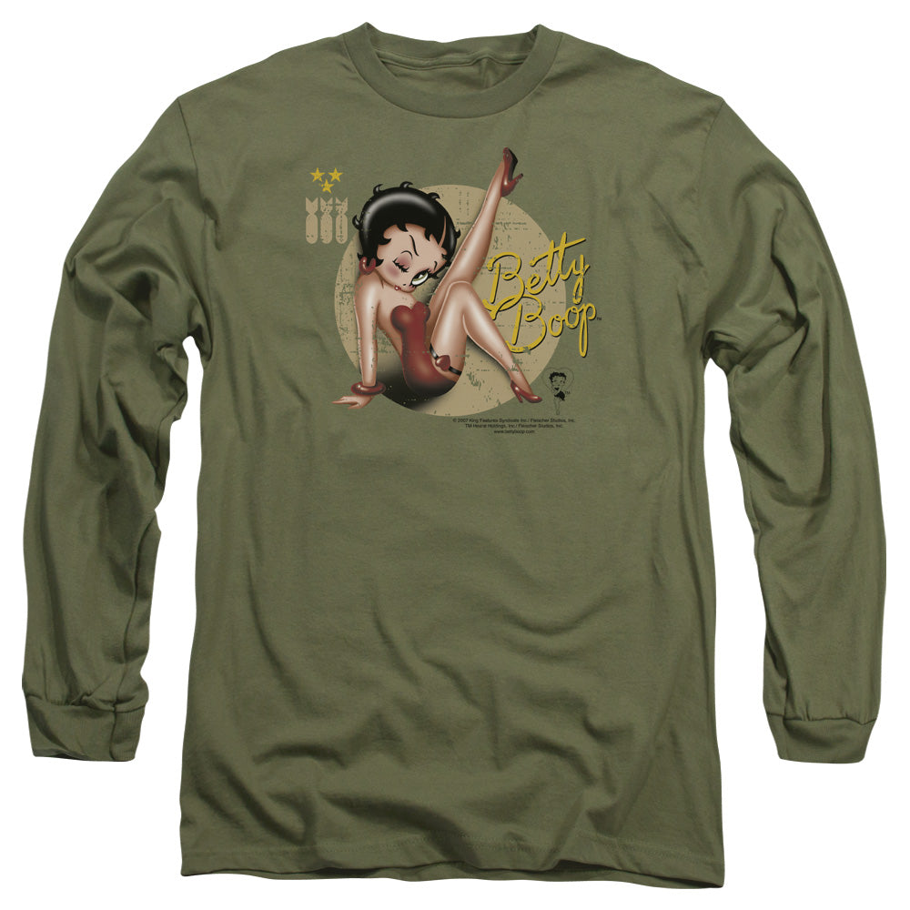 AN OFFCIALLY LICENSED BETTY BOOP NOSE ART MEN'S LONG SLEEVE T-SHIRT MILITARY GREEN