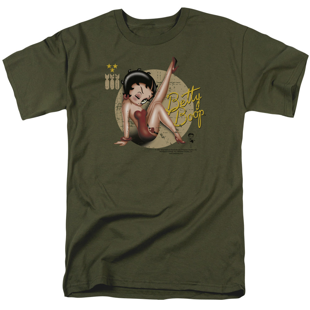 AN OFFCIALLY LICENSED BETTY BOOP NOSE ART MEN'S REGULAR FIT T-SHIRT MILITARY GREEN