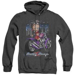 AN OFFCIALLY LICENSED BETTY BOOP CITY CHOPPER ADULT UNISEX HEATHER PULLOVER HOODIE BLACK