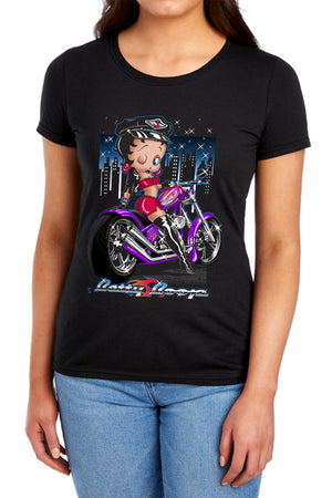 AN OFFCIALLY LICENSED BETTY BOOP CITY CHOPPER WOMEN'S REGULAR FIT T-SHIRT BLACK