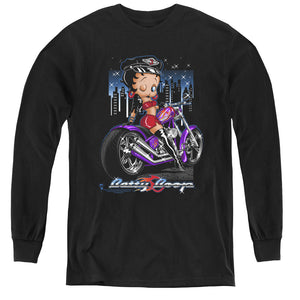 AN OFFCIALLY LICENSED BETTY BOOP CITY CHOPPER YOUTH LONG SLEEVE T-SHIRT BLACK