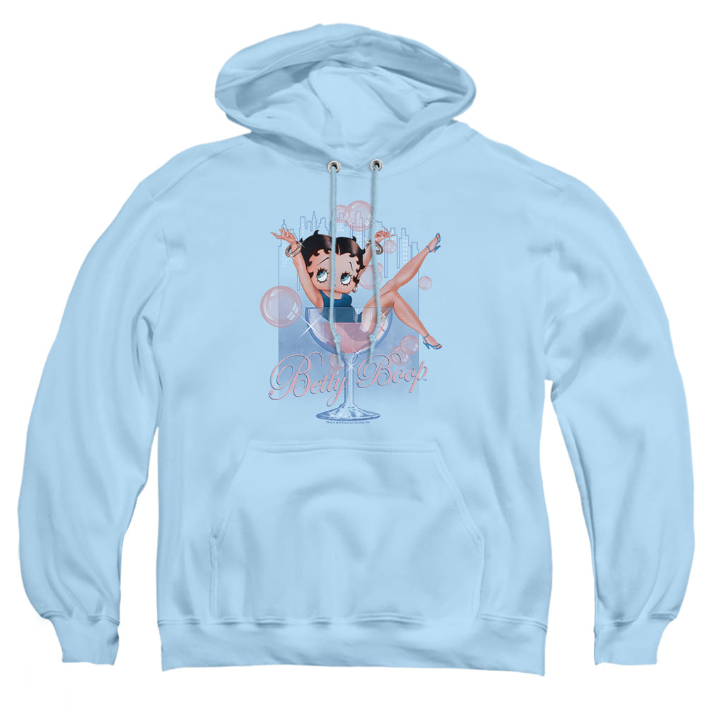 AN OFFCIALLY LICENSED BETTY BOOP PINK CHAMPAGNE ADULT UNISEX PULLOVER HOODIE LIGHT BLUE