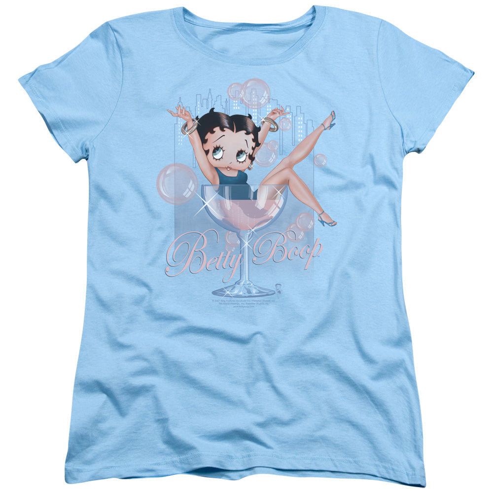 AN OFFCIALLY LICENSED BETTY BOOP PINK CHAMPAGNE WOMEN'S REGULAR FIT T-SHIRT LIGHT BLUE