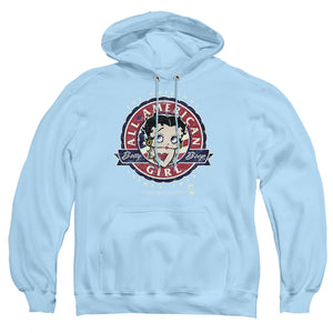 AN OFFCIALLY LICENSED BETTY BOOP ALL AMERICAN GIRL ADULT UNISEX PULLOVER HOODIE LIGHT BLUE