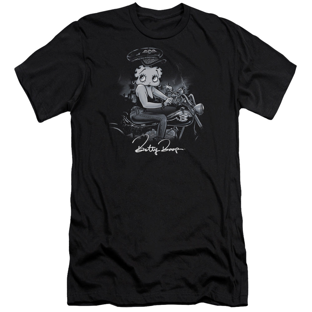 AN OFFCIALLY LICENSED BETTY BOOP STORM RIDER MEN'S PREMIUM SLIM FIT T-SHIRT BLACK