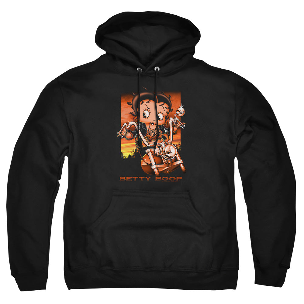 AN OFFCIALLY LICENSED BETTY BOOP SUNSET RIDER ADULT UNISEX PULLOVER HOODIE BLACK