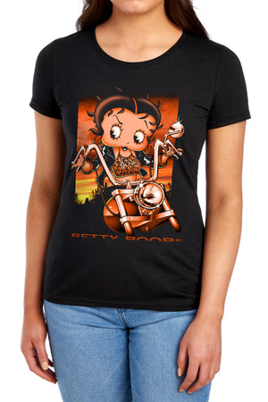 AN OFFCIALLY LICENSED BETTY BOOP SUNSET RIDER WOMEN'S REGULAR FIT T-SHIRT BLACK