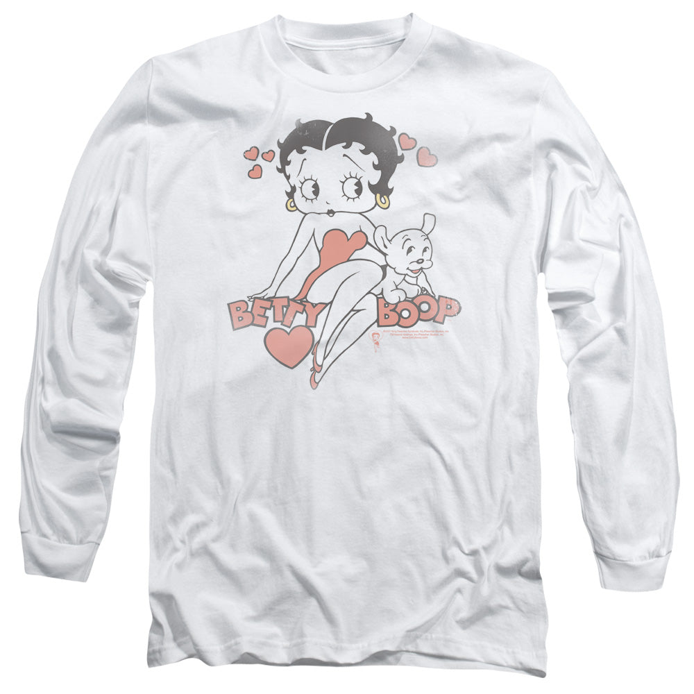 AN OFFCIALLY LICENSED BETTY BOOP CLASSIC WITH PUP MEN'S LONG SLEEVE T-SHIRT WHITE