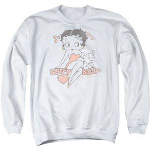 AN OFFCIALLY LICENSED BETTY BOOP CLASSIC WITH PUP ADULT UNISEX CREWNECK SWEATSHIRT WHITE