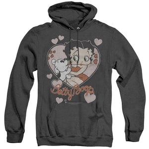 AN OFFCIALLY LICENSED BETTY BOOP CLASSIC KISS ADULT UNISEX HEATHER PULLOVER HOODIE BLACK