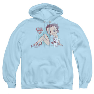 AN OFFCIALLY LICENSED BETTY BOOP VINTAGE PIN PUP ADULT UNISEX PULLOVER HOODIE LIGHT BLUE