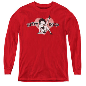 AN OFFCIALLY LICENSED BETTY BOOP VINTAGE CUTIE PUP YOUTH LONG SLEEVE T-SHIRT RED