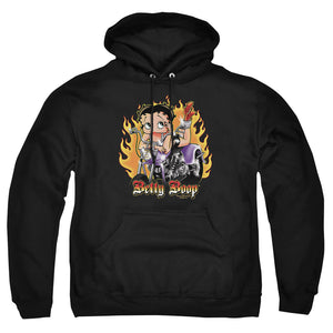 AN OFFCIALLY LICENSED BETTY BOOP BIKER FLAMES BOOP ADULT UNISEX PULLOVER HOODIE BLACK