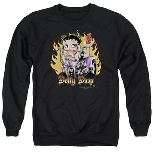 AN OFFCIALLY LICENSED BETTY BOOP BIKER FLAMES BOOP ADULT UNISEX CREWNECK SWEATSHIRT BLACK