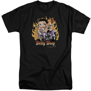 AN OFFCIALLY LICENSED BETTY BOOP BIKER FLAMES BOOP MEN'S TALL FIT T-SHIRT BLACK