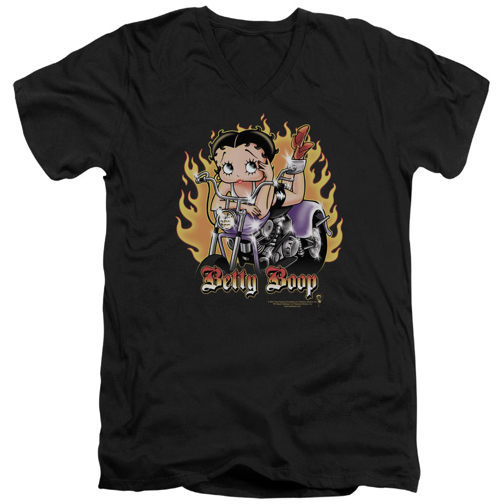 AN OFFCIALLY LICENSED BETTY BOOP BIKER FLAMES BOOP MEN'S V-NECK T-SHIRT BLACK