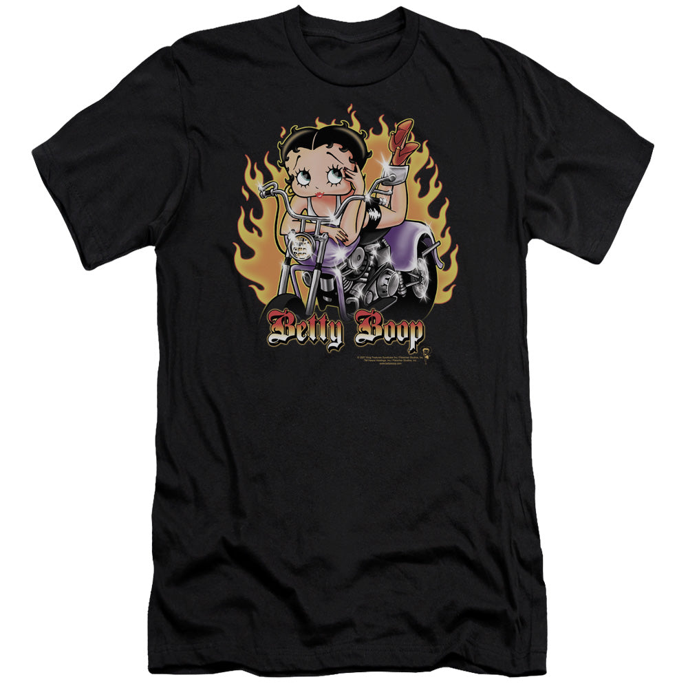 AN OFFCIALLY LICENSED BETTY BOOP BIKER FLAMES BOOP MEN'S PREMIUM SLIM FIT T-SHIRT BLACK