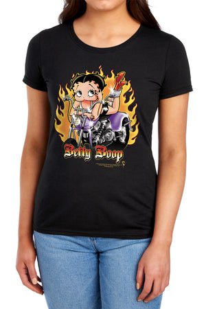 AN OFFCIALLY LICENSED BETTY BOOP BIKER FLAMES BOOP WOMEN'S REGULAR FIT T-SHIRT BLACK