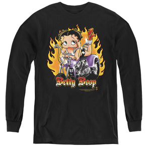 AN OFFCIALLY LICENSED BETTY BOOP BIKER FLAMES BOOP YOUTH LONG SLEEVE T-SHIRT BLACK