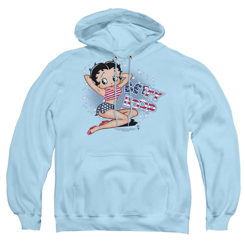 AN OFFCIALLY LICENSED BETTY BOOP ALL AMERICAN GIRL ADULT UNISEX PULLOVER HOODIE LIGHT BLUE