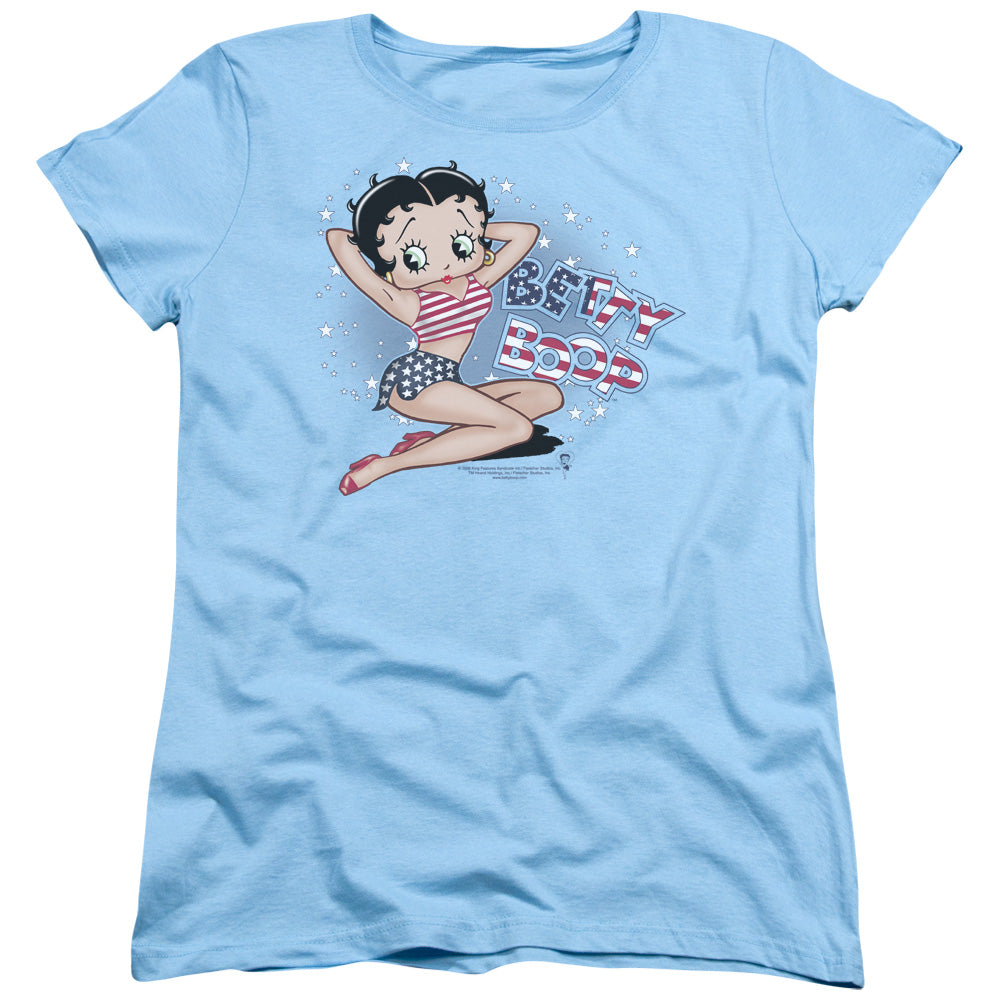 AN OFFCIALLY LICENSED BETTY BOOP ALL AMERICAN GIRL WOMEN'S REGULAR FIT T-SHIRT LIGHT BLUE