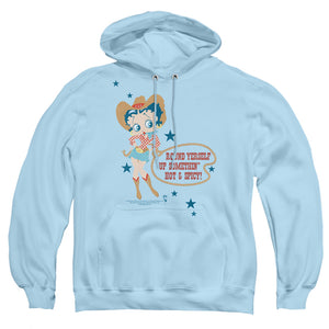 AN OFFCIALLY LICENSED BETTY BOOP HOT AND SPICY COWGIRL ADULT UNISEX PULLOVER HOODIE LIGHT BLUE