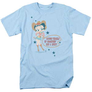 AN OFFCIALLY LICENSED BETTY BOOP HOT AND SPICY COWGIRL MEN'S REGULAR FIT T-SHIRT LIGHT BLUE