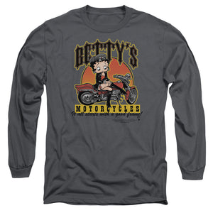 AN OFFCIALLY LICENSED BETTY BOOP BETTYS MOTORCYCLES MEN'S LONG SLEEVE T-SHIRT CHARCOAL