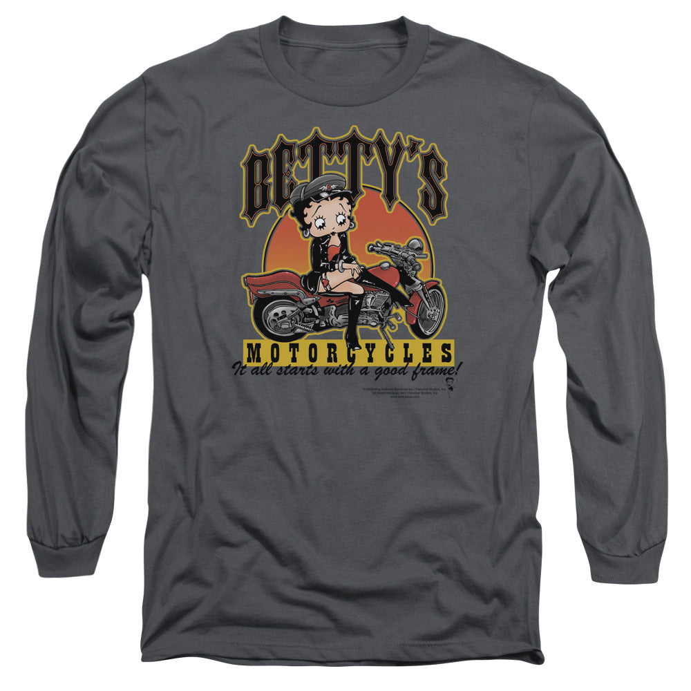 AN OFFCIALLY LICENSED BETTY BOOP BETTYS MOTORCYCLES MEN'S LONG SLEEVE T-SHIRT CHARCOAL