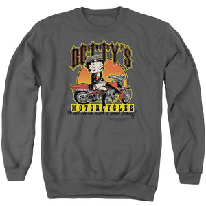 AN OFFCIALLY LICENSED BETTY BOOP BETTYS MOTORCYCLES ADULT UNISEX CREWNECK SWEATSHIRT CHARCOAL