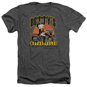 AN OFFCIALLY LICENSED BETTY BOOP BETTYS MOTORCYCLES MEN'S HEATHER T-SHIRT CHARCOAL