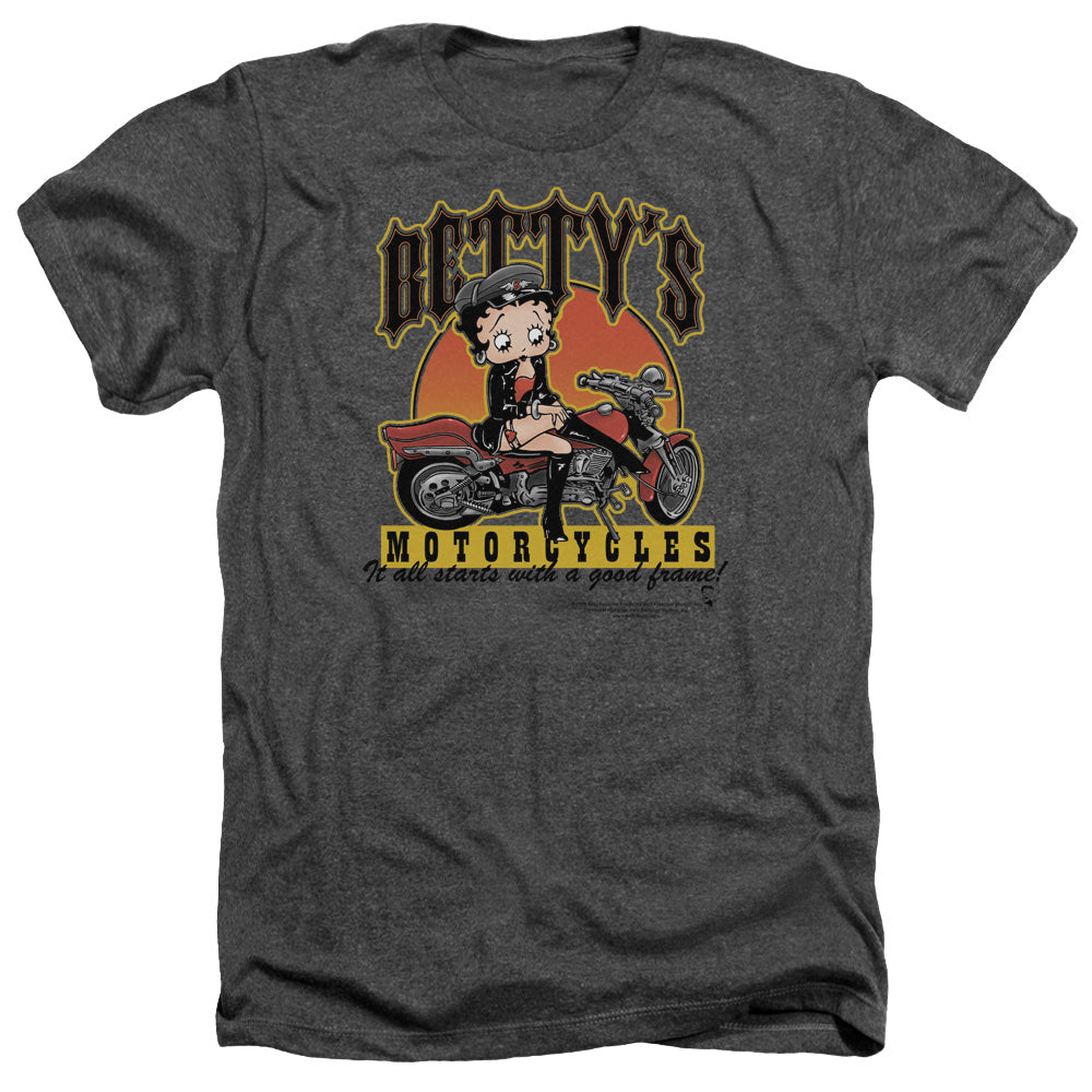 AN OFFCIALLY LICENSED BETTY BOOP BETTYS MOTORCYCLES MEN'S HEATHER T-SHIRT CHARCOAL