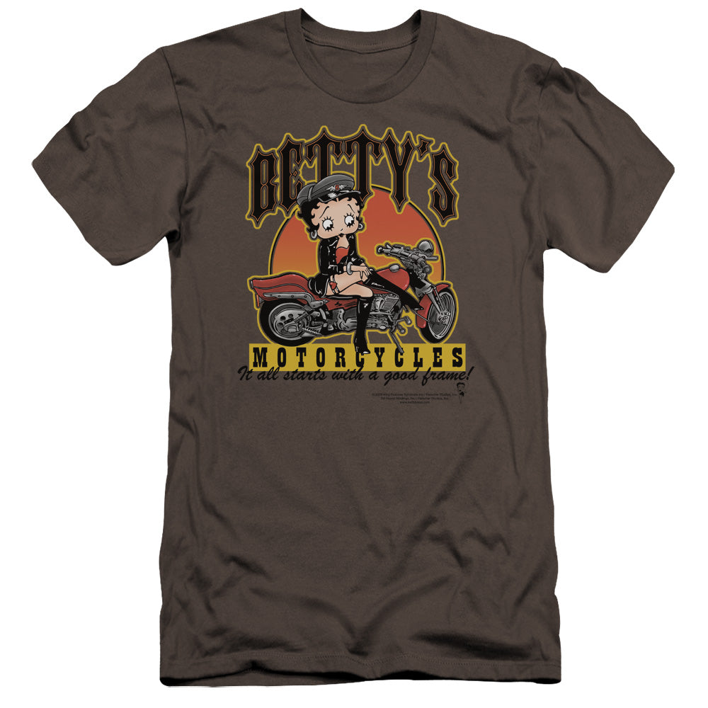 AN OFFCIALLY LICENSED BETTY BOOP BETTYS MOTORCYCLES MEN'S PREMIUM SLIM FIT T-SHIRT CHARCOAL