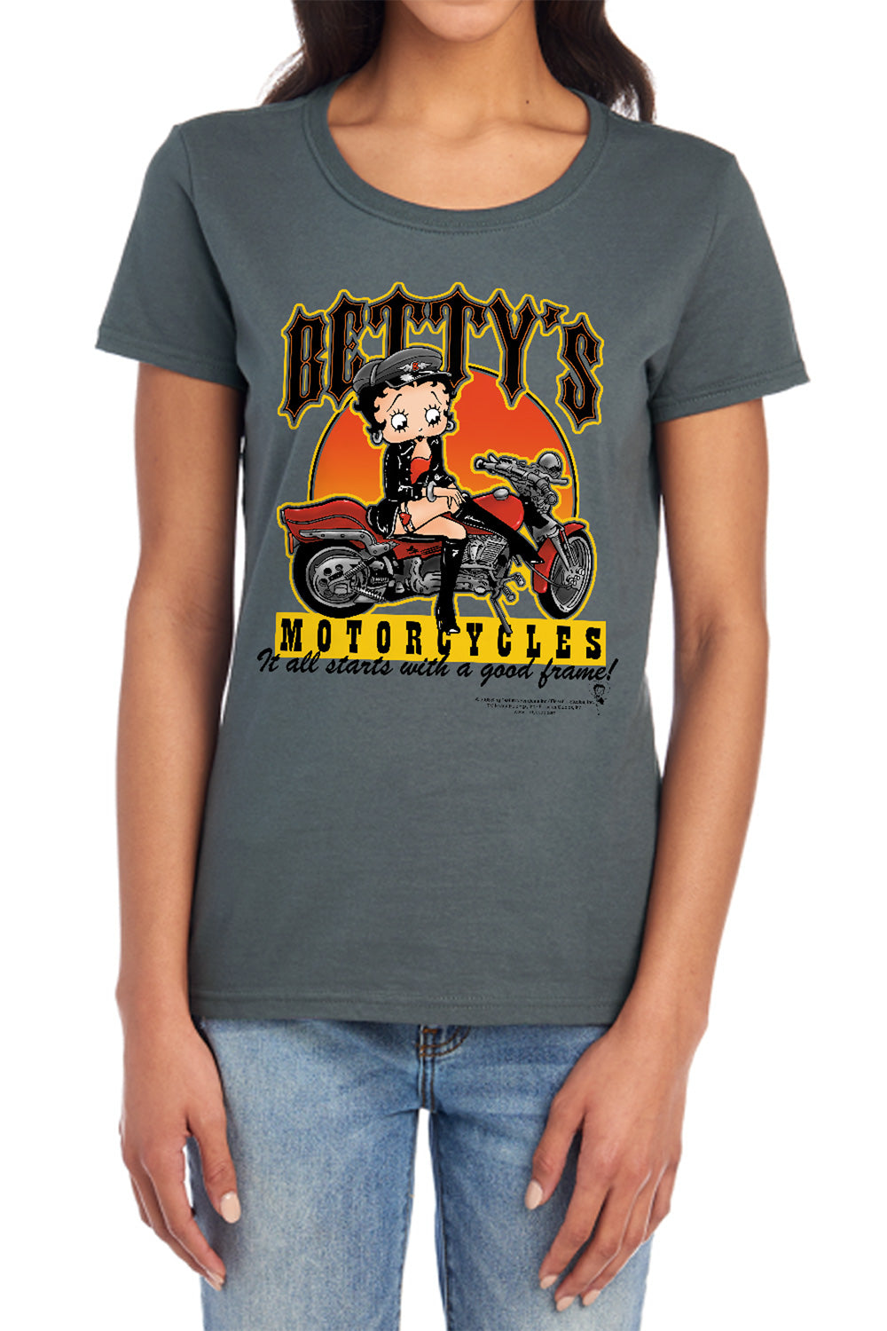 AN OFFCIALLY LICENSED BETTY BOOP BETTYS MOTORCYCLES WOMEN'S REGULAR FIT T-SHIRT CHARCOAL