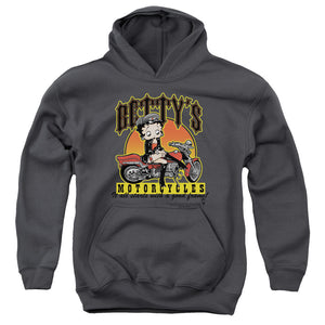 AN OFFCIALLY LICENSED BETTY BOOP BETTYS MOTORCYCLES YOUTH HOODIE CHARCOAL