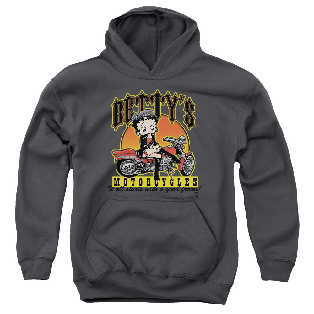 AN OFFCIALLY LICENSED BETTY BOOP BETTYS MOTORCYCLES YOUTH HOODIE CHARCOAL
