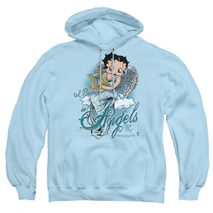 AN OFFCIALLY LICENSED BETTY BOOP I BELIEVE IN ANGELS ADULT UNISEX PULLOVER HOODIE LIGHT BLUE