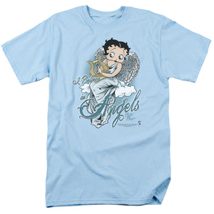 AN OFFCIALLY LICENSED BETTY BOOP I BELIEVE IN ANGELS MEN'S REGULAR FIT T-SHIRT LIGHT BLUE