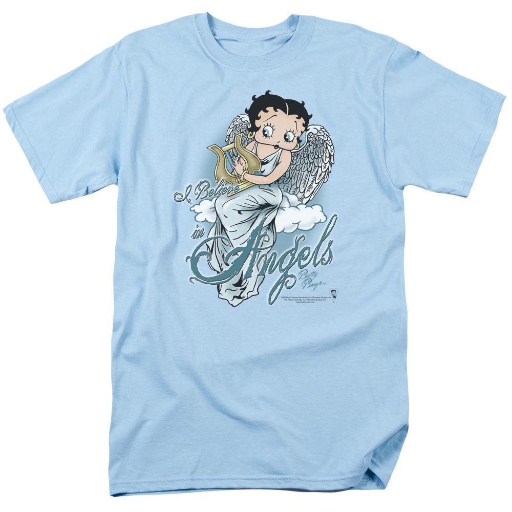 AN OFFCIALLY LICENSED BETTY BOOP I BELIEVE IN ANGELS MEN'S REGULAR FIT T-SHIRT LIGHT BLUE