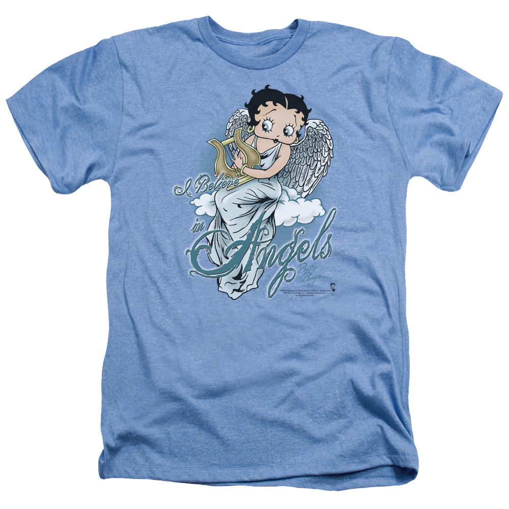 AN OFFCIALLY LICENSED BETTY BOOP I BELIEVE IN ANGELS MEN'S HEATHER T-SHIRT LIGHT BLUE