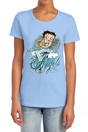 AN OFFCIALLY LICENSED BETTY BOOP I BELIEVE IN ANGELS WOMEN'S REGULAR FIT T-SHIRT LIGHT BLUE