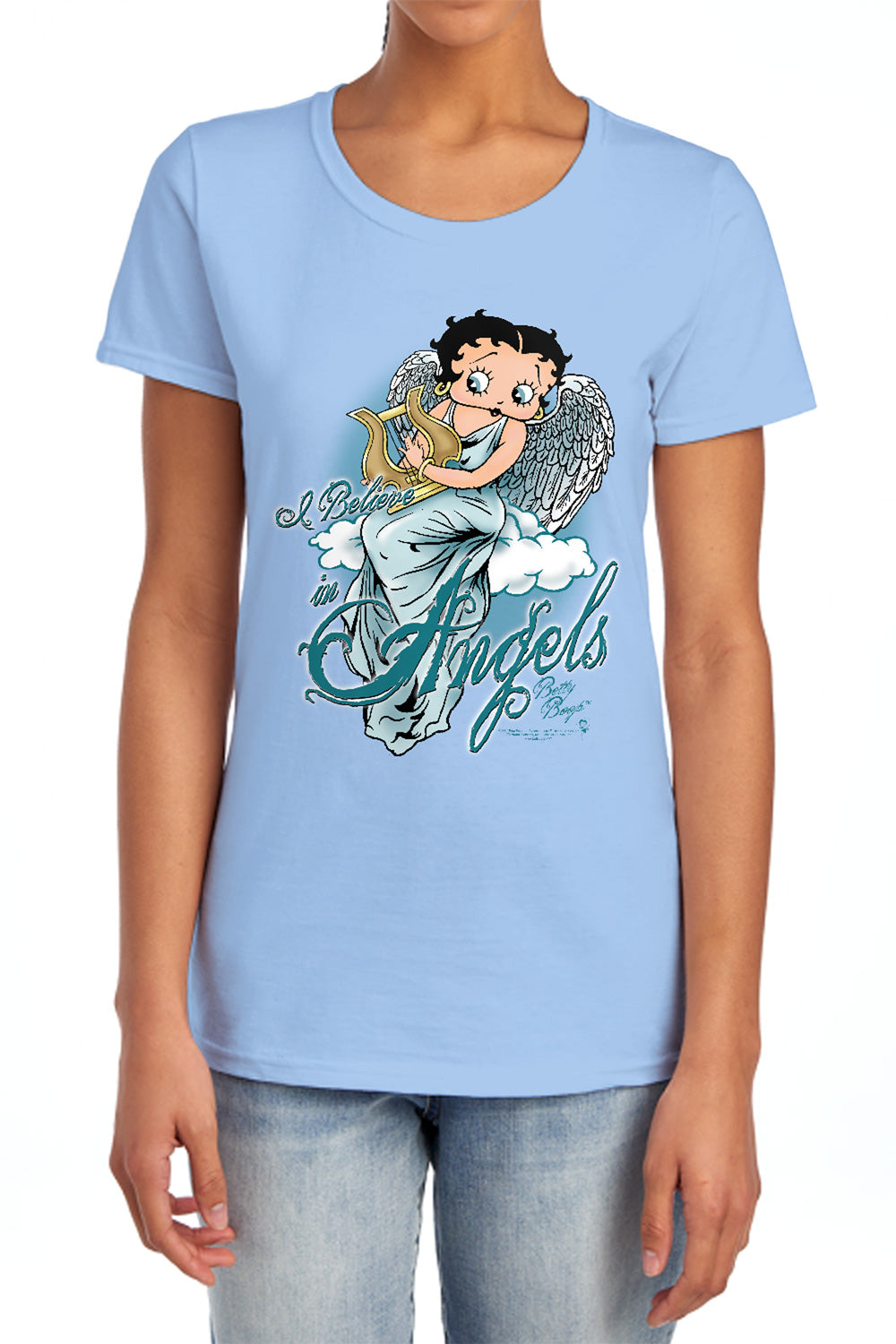AN OFFCIALLY LICENSED BETTY BOOP I BELIEVE IN ANGELS WOMEN'S REGULAR FIT T-SHIRT LIGHT BLUE
