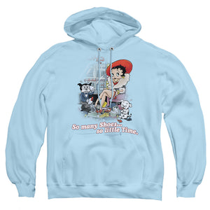 AN OFFCIALLY LICENSED BETTY BOOP SO MANY SHOES ADULT UNISEX PULLOVER HOODIE LIGHT BLUE