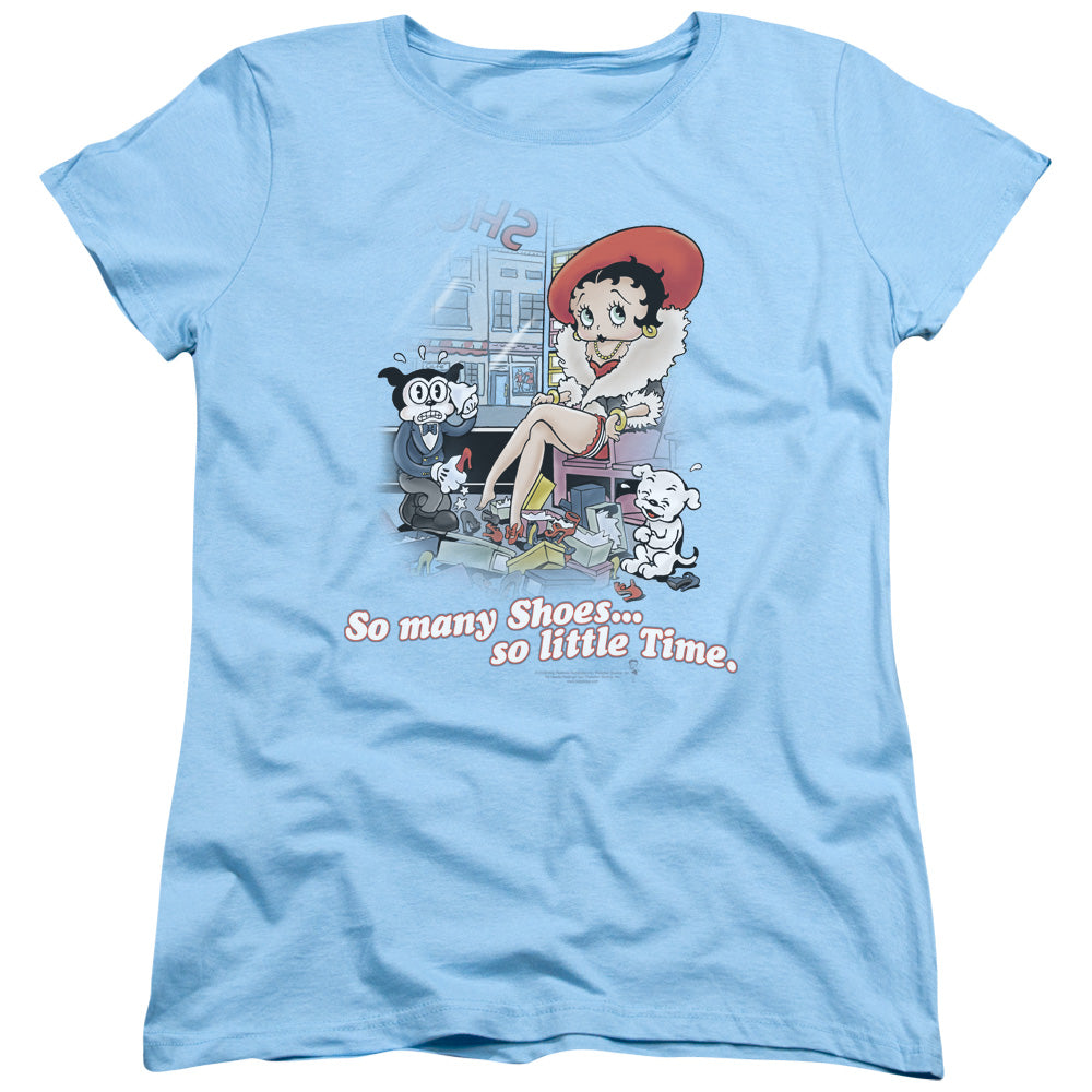 AN OFFCIALLY LICENSED BETTY BOOP SO MANY SHOES WOMEN'S REGULAR FIT T-SHIRT LIGHT BLUE